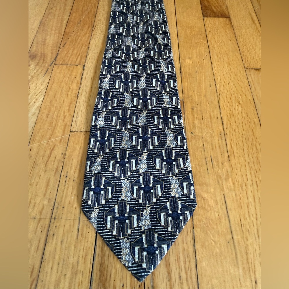 Pavia Silk Tie Made in Italy Geometric Navy Gold Gray Mens Necktie